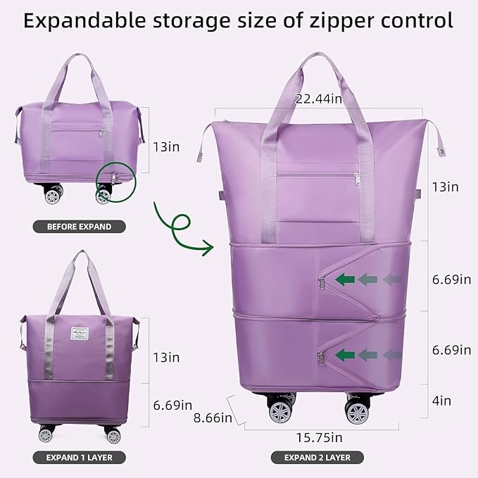 Purple Expandable Travel Bag with 4 Wheels