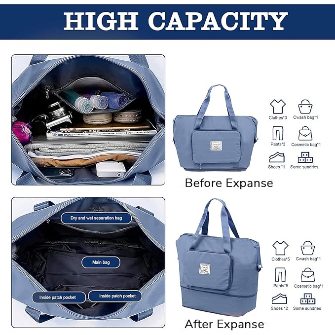 Blue Waterproof Foldable Expandable Duffle Travel Bag