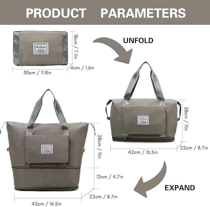 Grey Waterproof Foldable Expandable Duffle Travel Bag