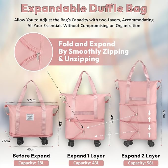 Peach Expandable Travel Bag with 4 Wheels